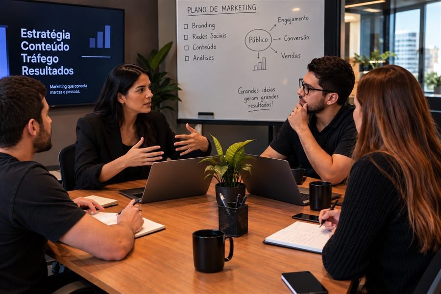 Equipe da TOYO reunida discutindo um plano de marketing